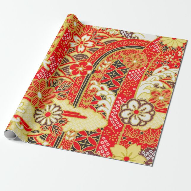 Red Gold White Japanese Kimono Floral Decoupage  Wrapping Paper (Unrolled)