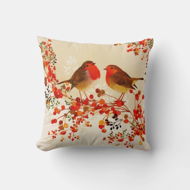 Red Gold Winter Birds Holly Berry Branches Cushion (Front)
