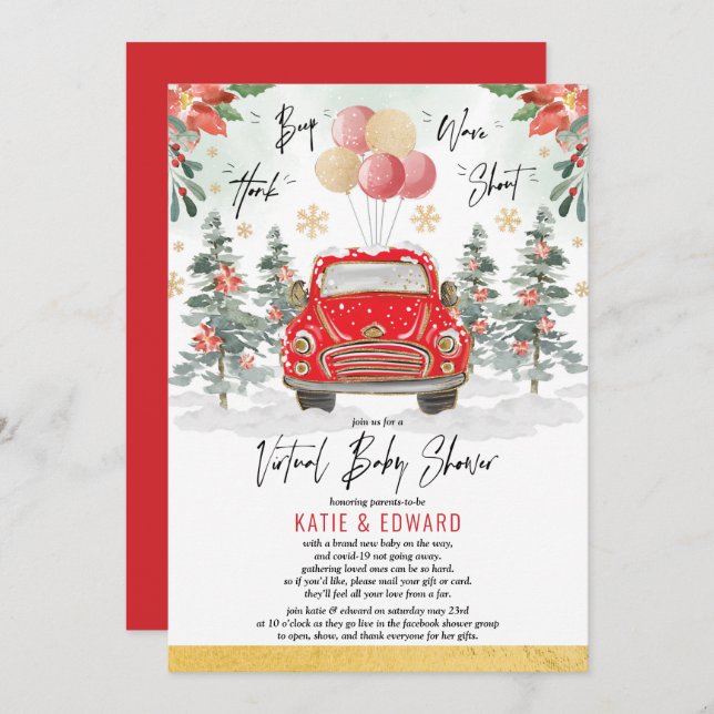 Red Gold Winter Holiday Virtual Baby Shower Invitation (Front/Back)