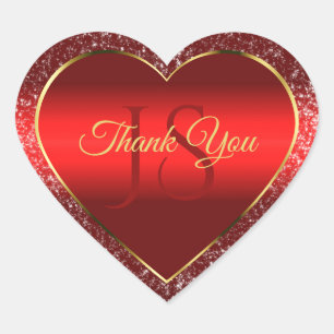 Red Gold with Glitter Stars and Initials Thank You Heart Sticker