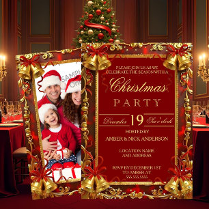 Red Gold Xmas Bells Photo Christmas Holiday Party Invitation