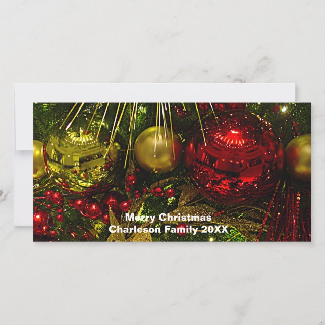 Red & Gold Xmas Ornaments on Tree Photo Card (Front)