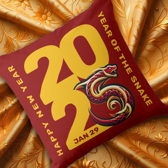 Red Gold Year of the Snake 2025 Cushion (CNY 2025 Throw Pillow Golden Fabric Cover Photo)