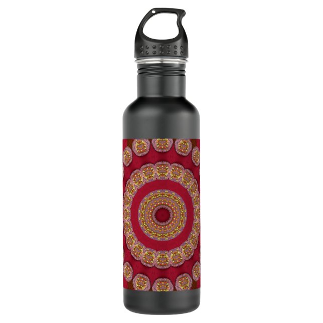 Red Gold Yellow rosettes Mandala 710 Ml Water Bottle (Front)