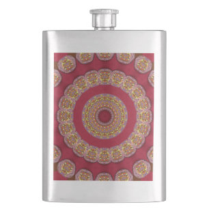 Red Gold Yellow rosettes Mandala Hip Flask