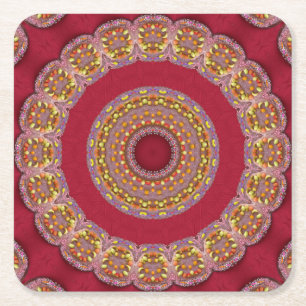Red Gold Yellow rosettes Mandala Square Paper Coaster