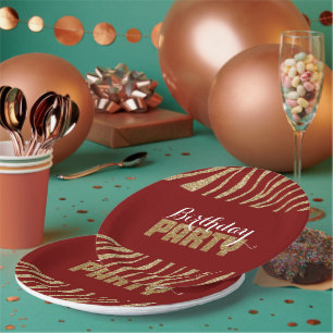 Red Gold Zebra Print Faux Glitter Birthday Paper Plate