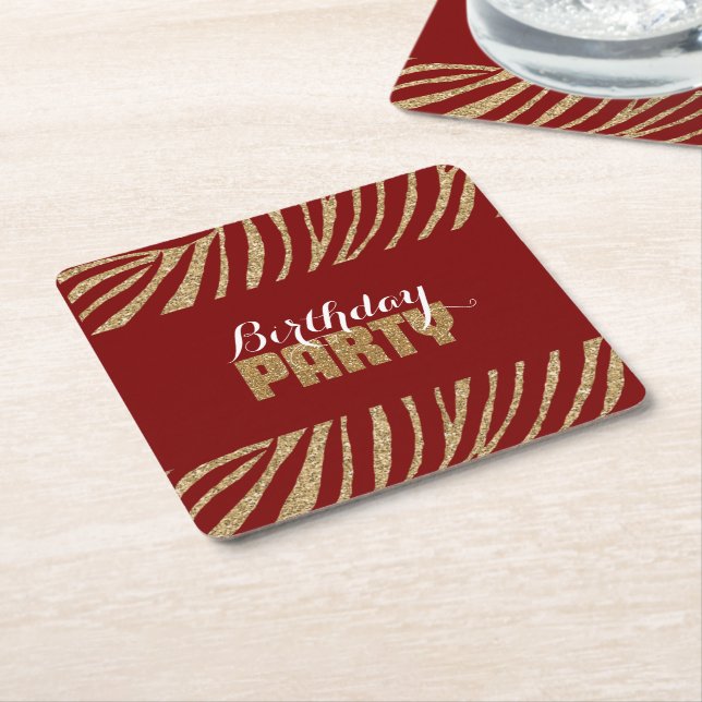 Red Gold Zebra Print Faux Glitter Birthday Square Paper Coaster (Angled)