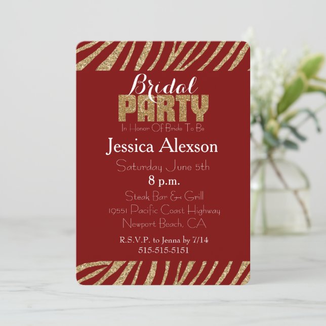 Red Gold Zebra Print Faux Glitter Bridal Shower Invitation (Standing Front)