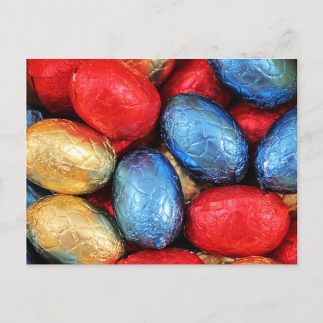 Red, golden and blue Belgian chocolate Easter eggs Holiday Postcard (Front)