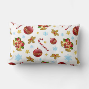 Red & Golden Christmas balls, Christmas holly Lumbar Cushion