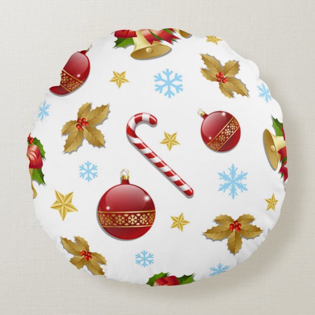 Red & Golden Christmas balls, Christmas holly Round Cushion (Front)