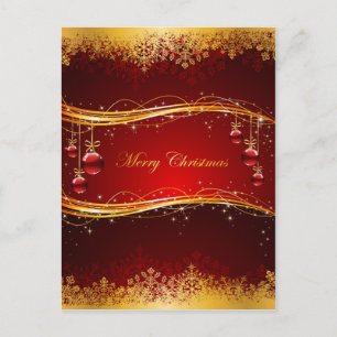 Red & Golden Christmas balls & Snowflakes Holiday Postcard