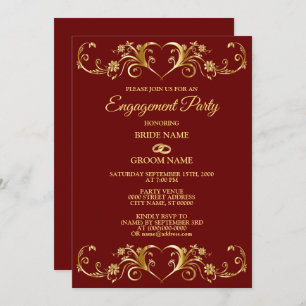 Red Golden Geometric Elegant Engagement Party Invitation