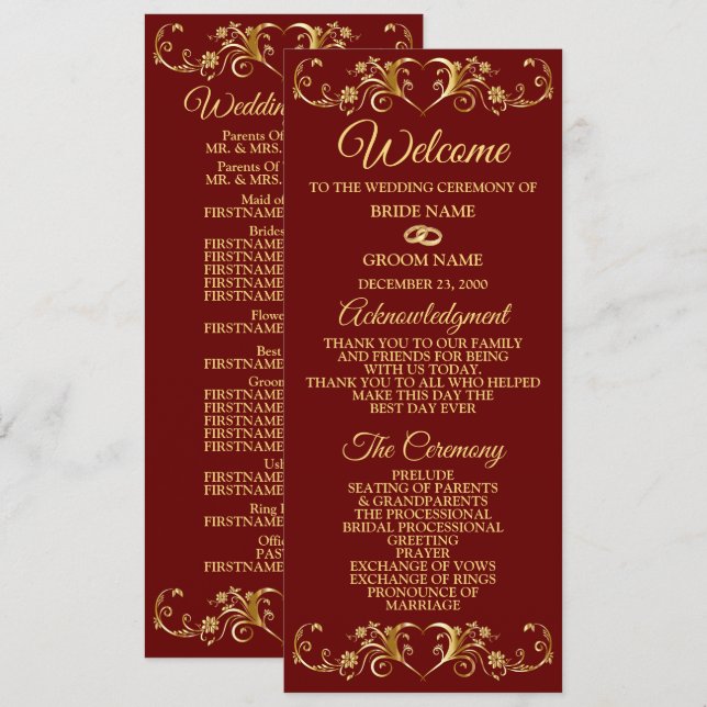 Red Golden Geometric Elegant Wedding  Programme (Front/Back)