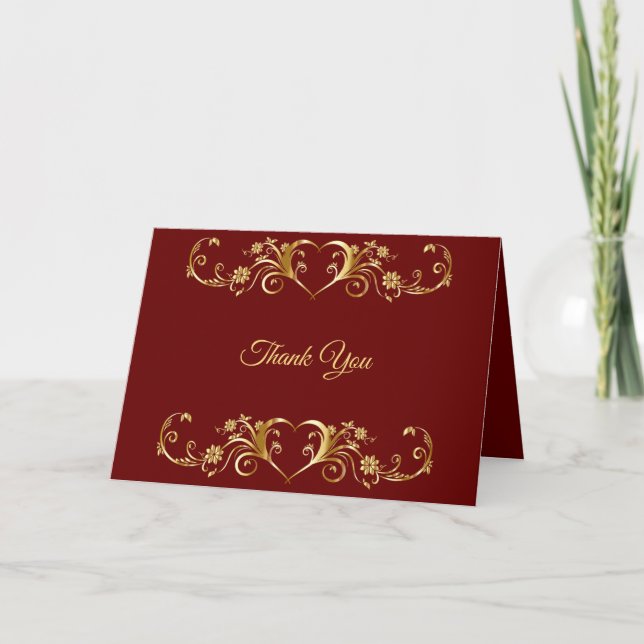 Red Golden Geometric Elegant Wedding Thank You Card (Front)