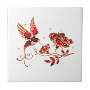 Red Golden Jewel Ceramic Tile - Bird and Roses