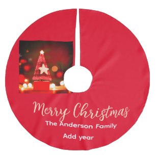 Red Golden merry Christmas add family name year da Brushed Polyester Tree Skirt