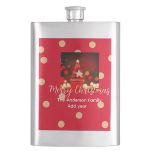 Red Golden merry Christmas add family name year da Hip Flask