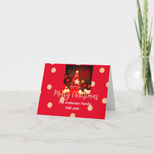 Red Golden merry Christmas add family name year da Thank You Card