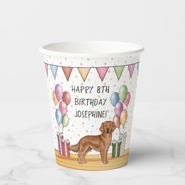 Red Golden Retriever Colourful Pastel Birthday Paper Cups (Front)