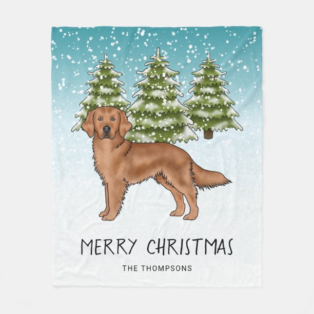 Red Golden Retriever Dog Blue Snowy Christmas Fleece Blanket (Front)