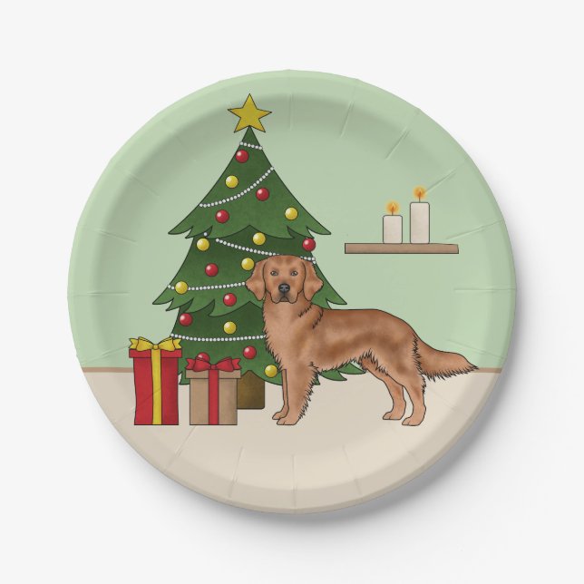 Red Golden Retriever Dog With Christmas Tree Green Paper Plate (Front)