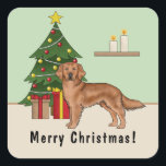 Red Golden Retriever Dog With Christmas Tree Square Sticker<br><div class="desc">Destei's original cartoon illustration of a cute reddish-brown or mahogany red colour Golden Retriever breed dog. The dog is standing by a festive Christmas tree decorated with red and yellow ornaments, a white pearl garland and a yellow star that is placed on the top of the tree. There are also...</div>