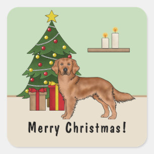 Red Golden Retriever Dog With Christmas Tree Square Sticker