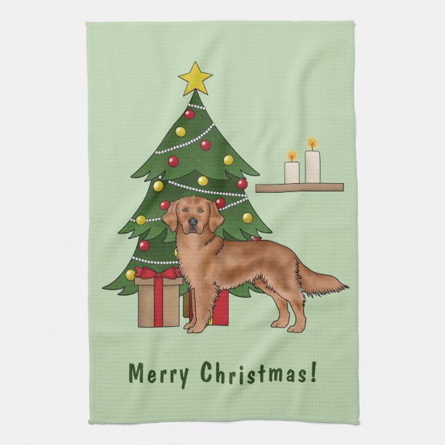 Red Golden Retriever Dog With Christmas Tree Tea Towel (Vertical)