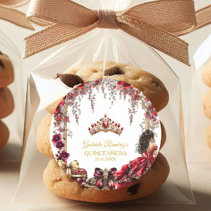 Red Golden Tiara Floral Quinceañera Classic Round Sticker