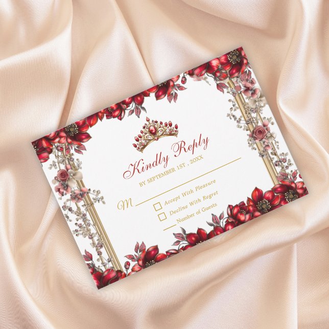Red Golden Tiara Floral Quinceañera RSVP Card (Creator Uploaded)