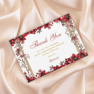 Red Golden Tiara Floral Quinceañera Thank You Card