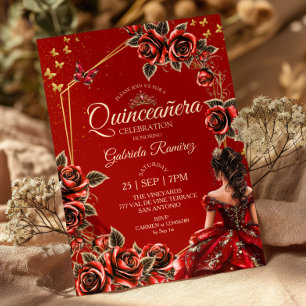 Red Golden Tiara Roses Butterfly Quinceañera Invitation