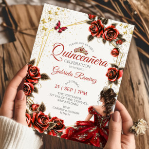 Red Golden Tiara Roses Butterfly Quinceañera Invitation