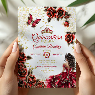 Red Golden Tiara Roses Butterfly Quinceañera Invitation