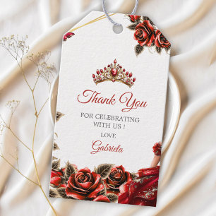 Red Golden Tiara Roses Quinceañera Thank You Gift Tags