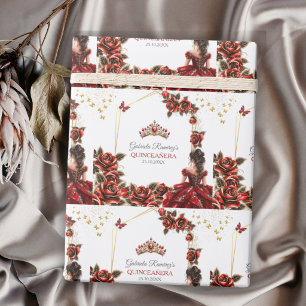 Red Golden Tiara Roses Quinceañera Wrapping Paper