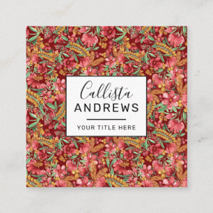Red Golden Yellow Green Watercolor Flowers Pattern Square Business Card