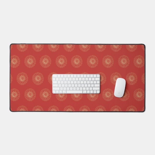 Red | Golden Zinnia Flower Medallions Desk Mat (Keyboard & Mouse)