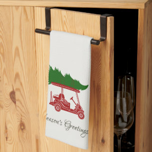 Red Golf Cart with Christmas Tree   Alabaster Tea Towel