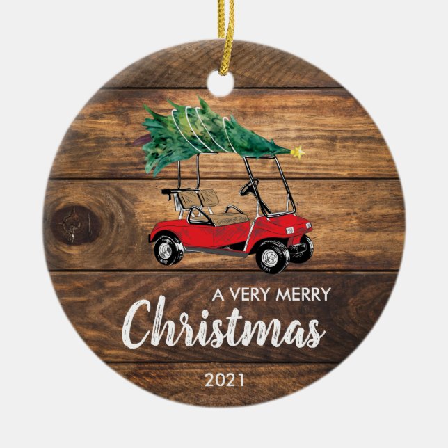 Red Golf Cart with Tree Christmas Ornament (Front)