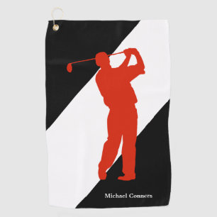 Red Golfer on Black White Golf Towel