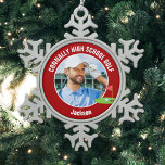 Red Golfer Photo High School Golf Team Snowflake Pewter Christmas Ornament<br><div class="desc">This cool customized high school golf team photo gift features white typography of your golfer name on a red Christmas ornament with a cute golfing icon. Personalize with your student's photograph and class year as a proud sports parent.</div>