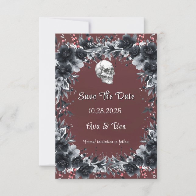 Red Gothic Black Floral Skull Save The Date Cards (Front)