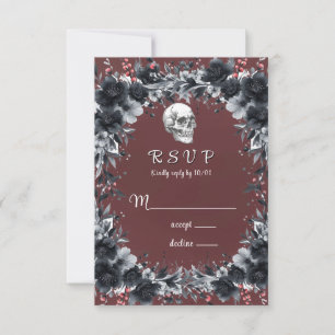 Red Gothic Black Floral Skull Wedding  RSVP Card