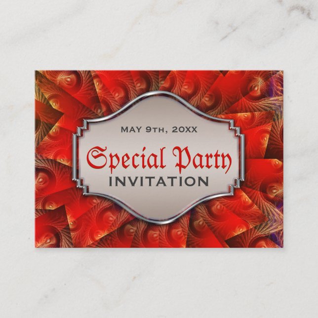 Red Gothic Fractal Swirl Mini Party Invitations (Front)