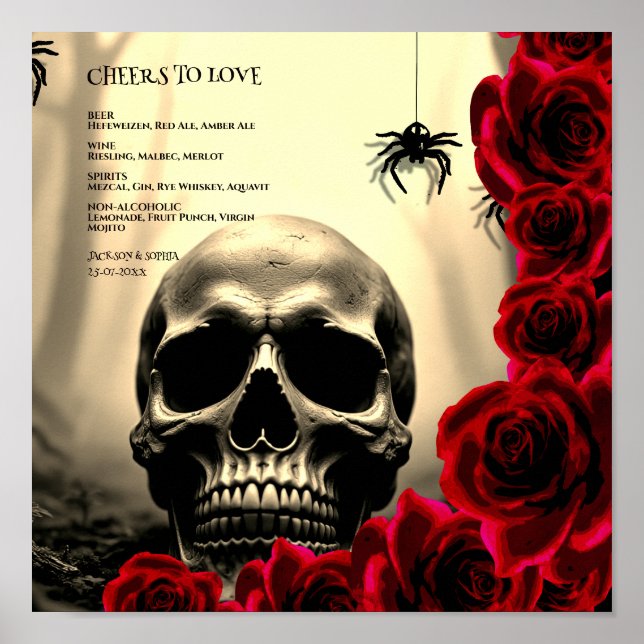 Red Gothic Halloween Drinks Menu Sign Skull Roses (Front)