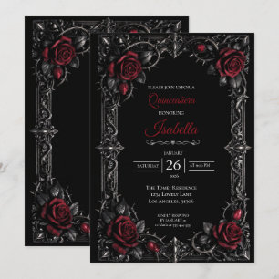 Red Gothic Halloween Floral Quinceanera Invitat Invitation