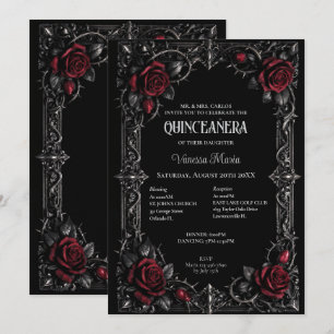 Red Gothic Halloween Floral Quinceanera Invitat Invitation
